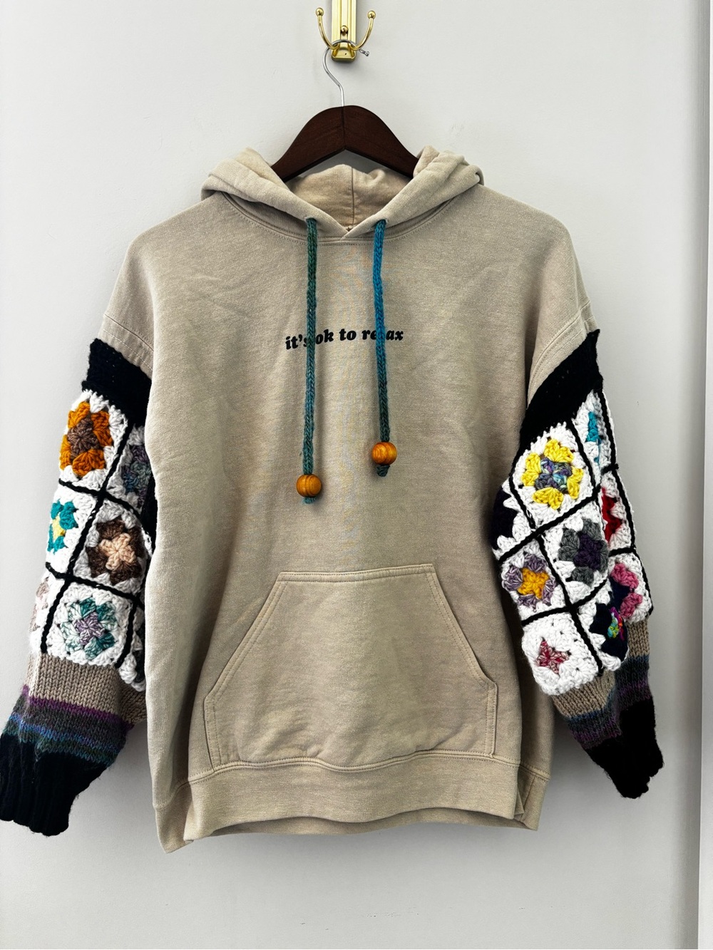 Buzz Crochet Sleeve Hoodie Large Boho Granny Square Sweatshirt Artisan Pullover